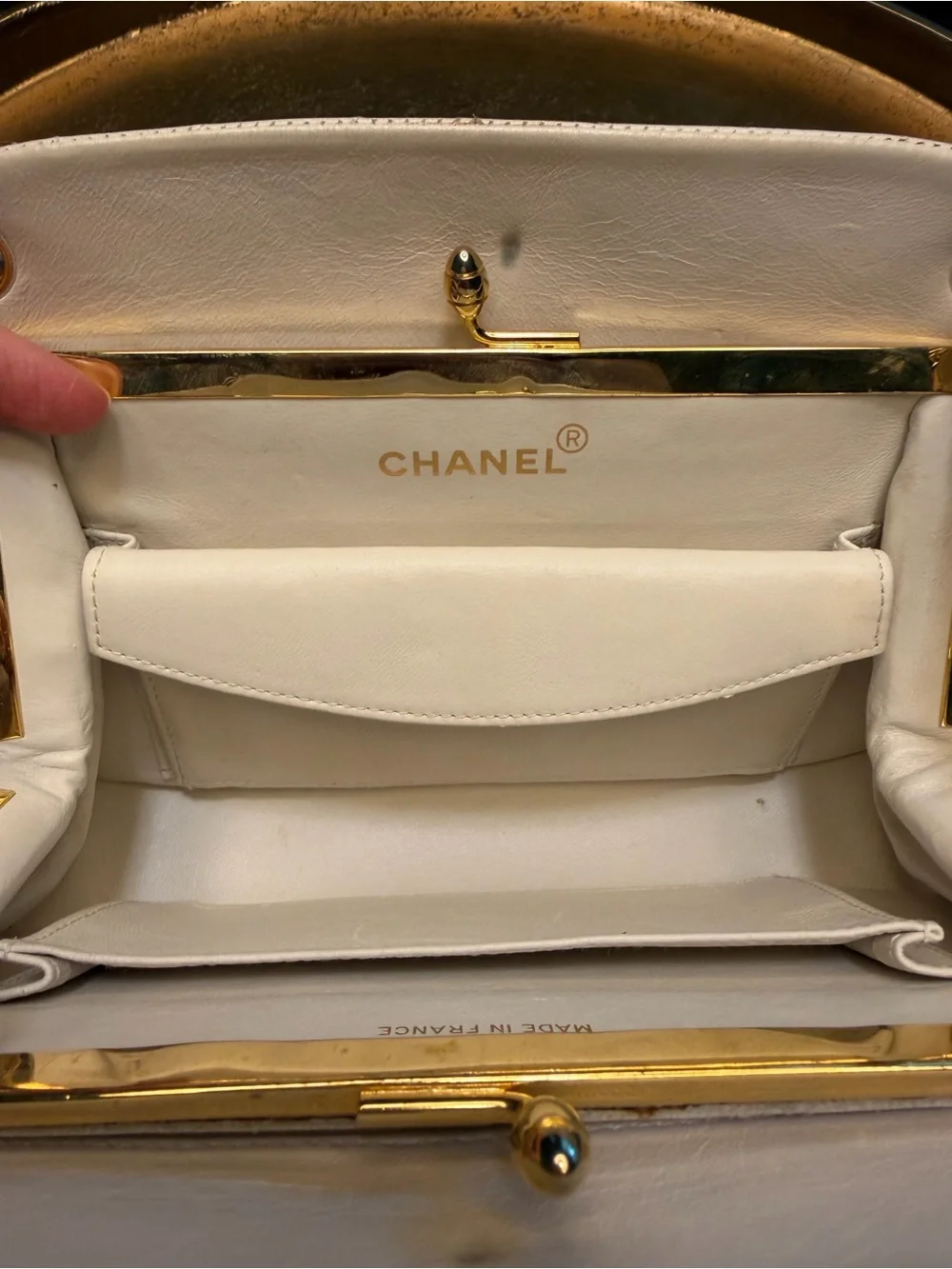 Authentic 1990s CHANEL White Chevron Quilted Leather Baguette Bag